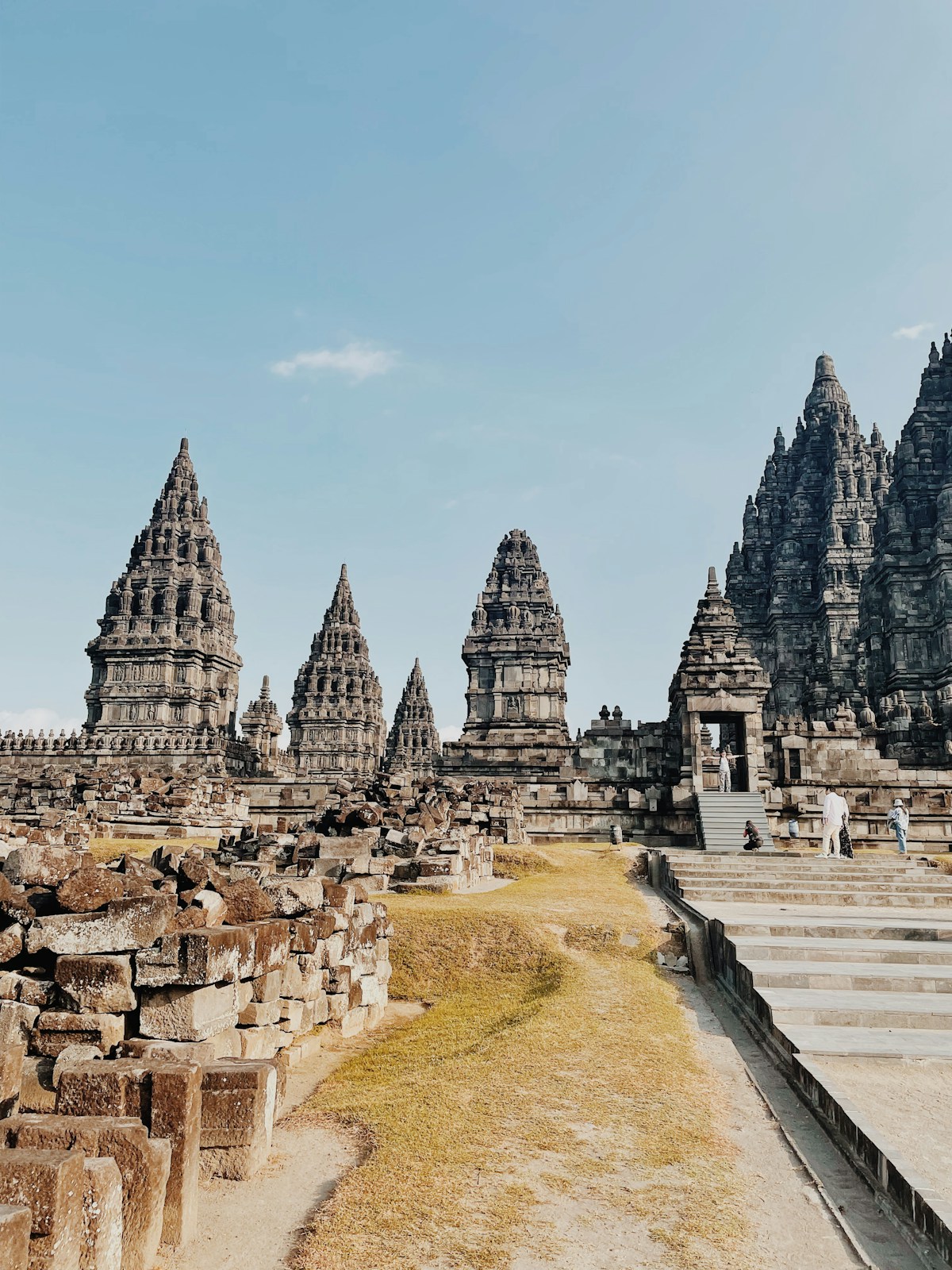 Prambanan Hindu temple towers rising against a blue sky, Yogyakarta, Indonesia