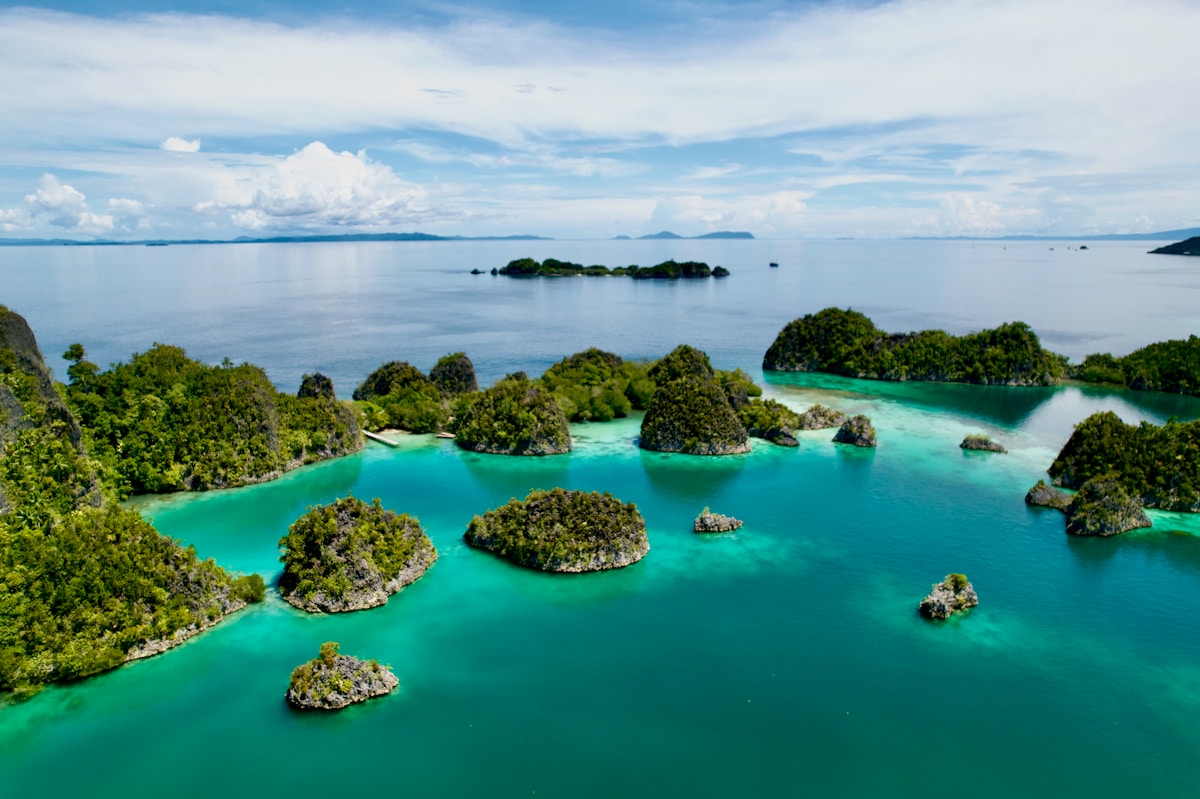 Aerial view of Piaynemo karst islands with turquoise water, Raja Ampat, West Papua, Indonesia