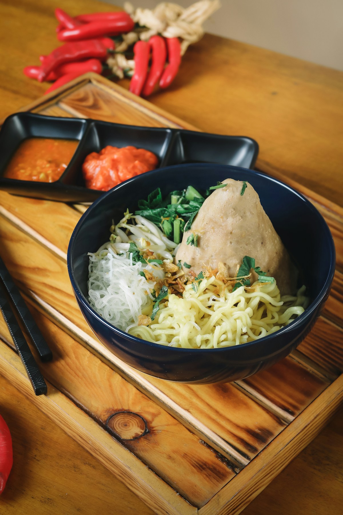 Indonesian meatball noodle dish ready to eat, Bandung, West Java, Indonesia