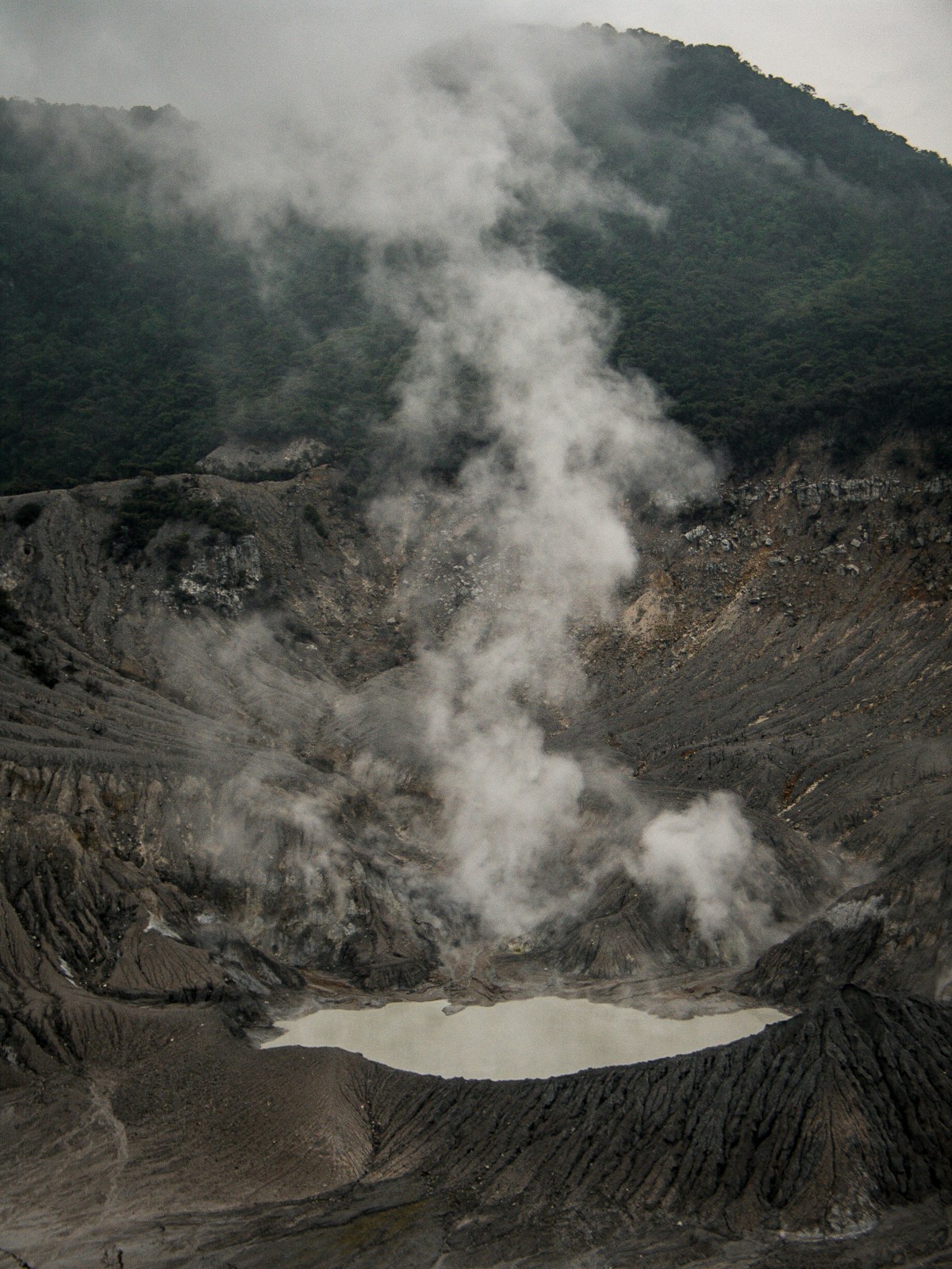 Tangkuban Perahu volcano with smoke, West Bandung, West Java, Indonesia