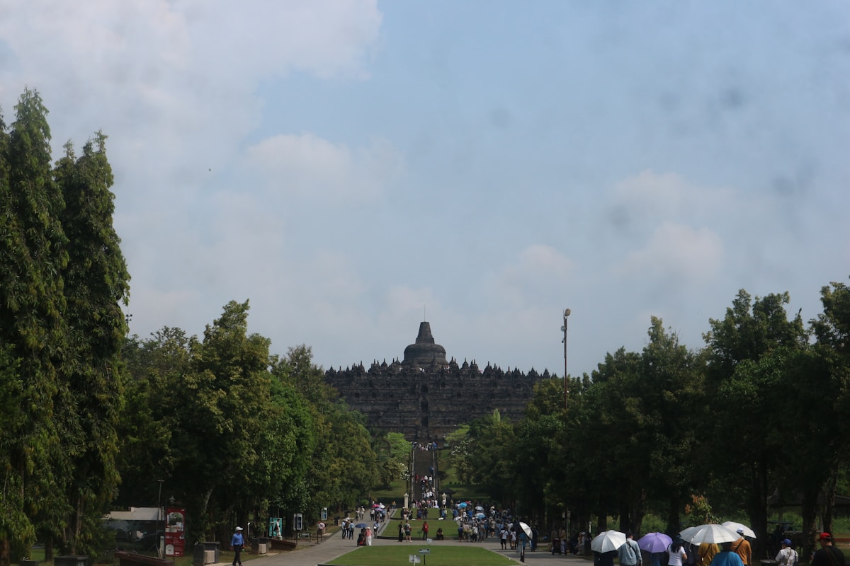 The ancient stone pathway leading toward Borobudur's stupas at sunrise