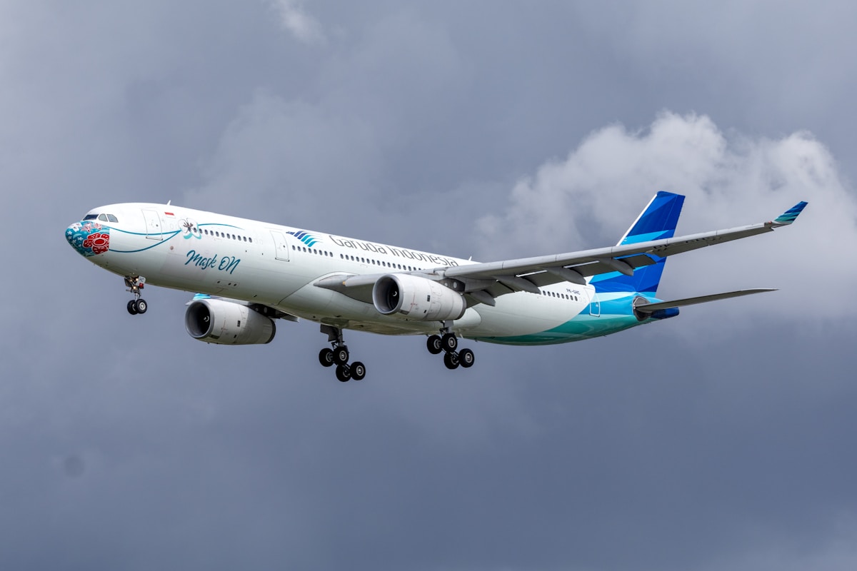 Garuda Indonesia airplane flying in a clear blue sky