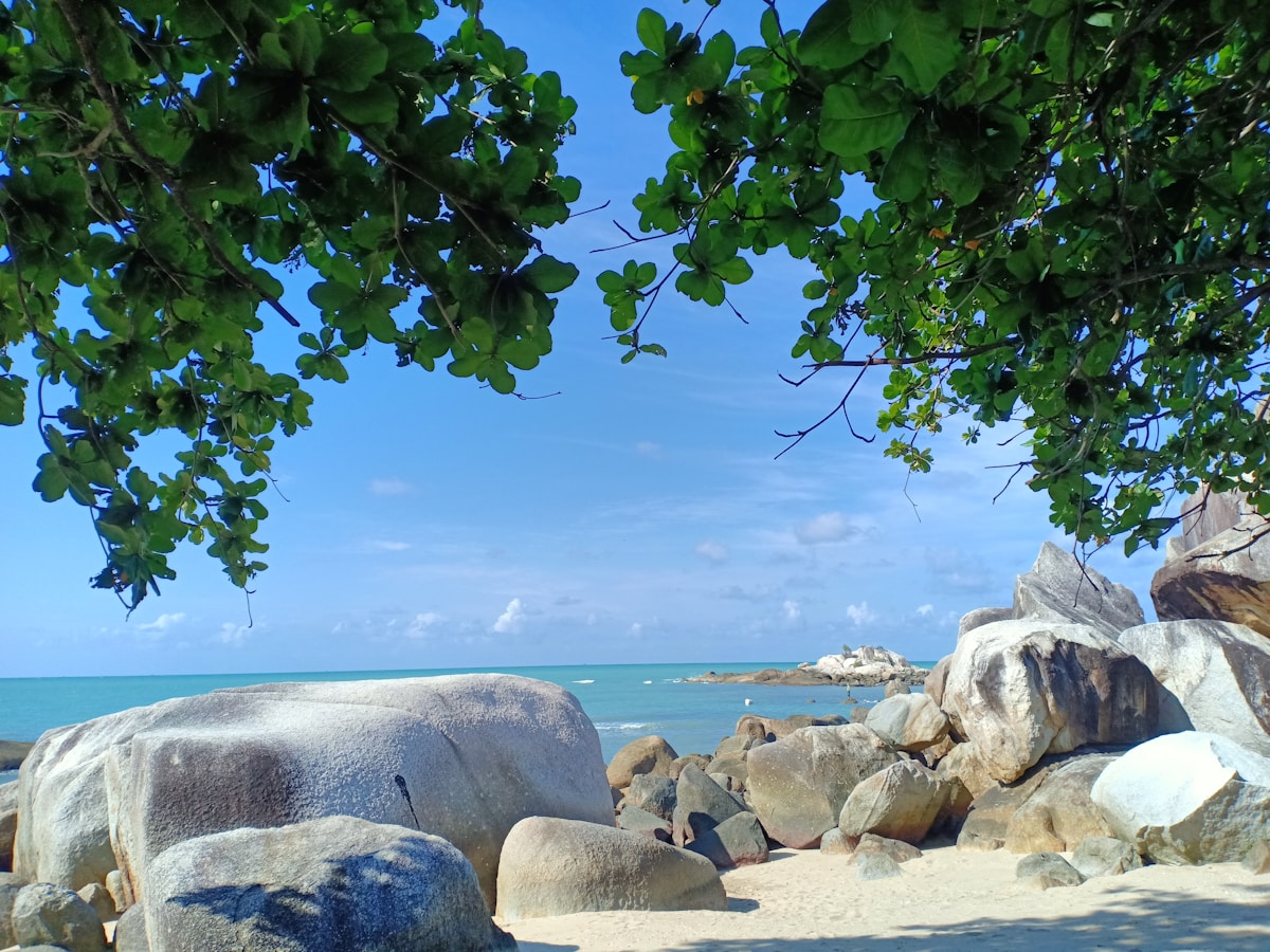 Granite boulders and white sand beach shaded by trees, Bangka Island