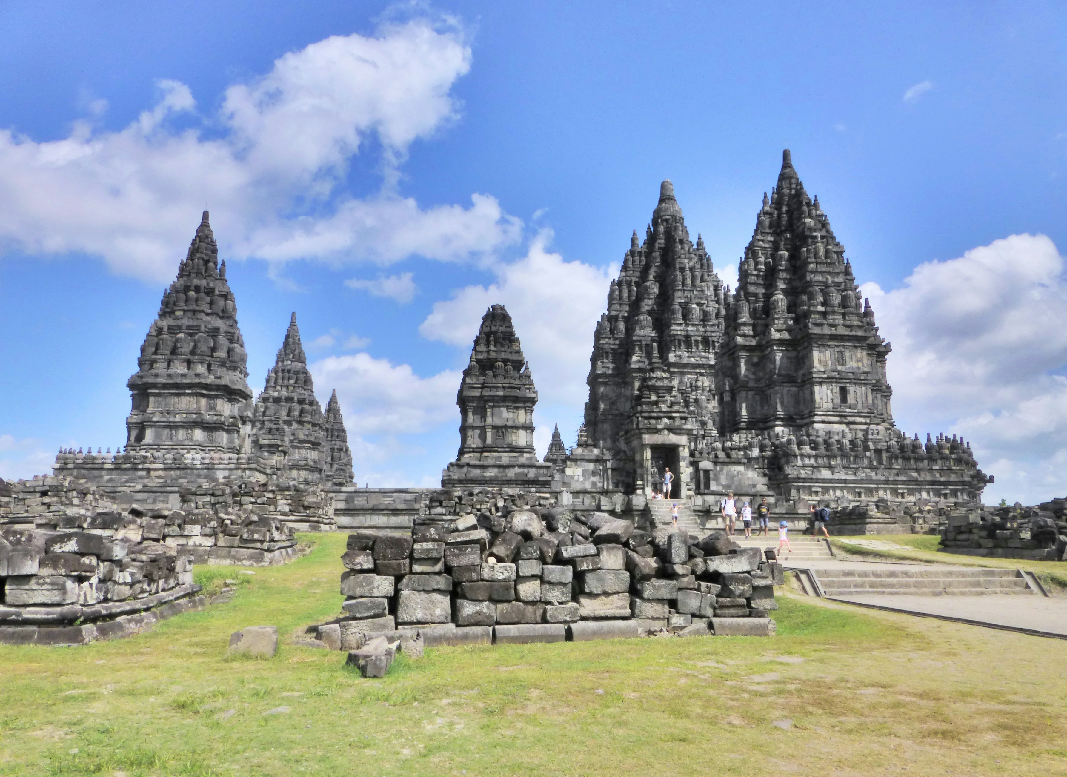 Prambanan Hindu temple complex under blue sky, Yogyakarta, Java, Indonesia