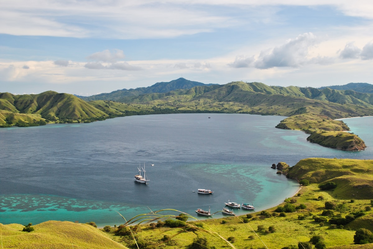 Boats anchored in a turquoise bay seen from a Komodo island ridge
