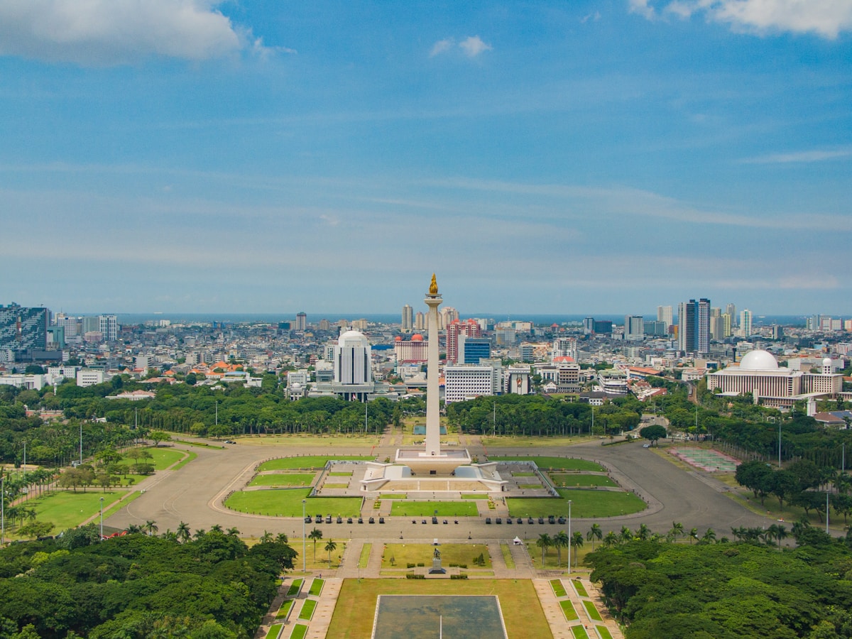 Aerial view of Jakarta cityscape with Monas National Monument, Jakarta, Indonesia