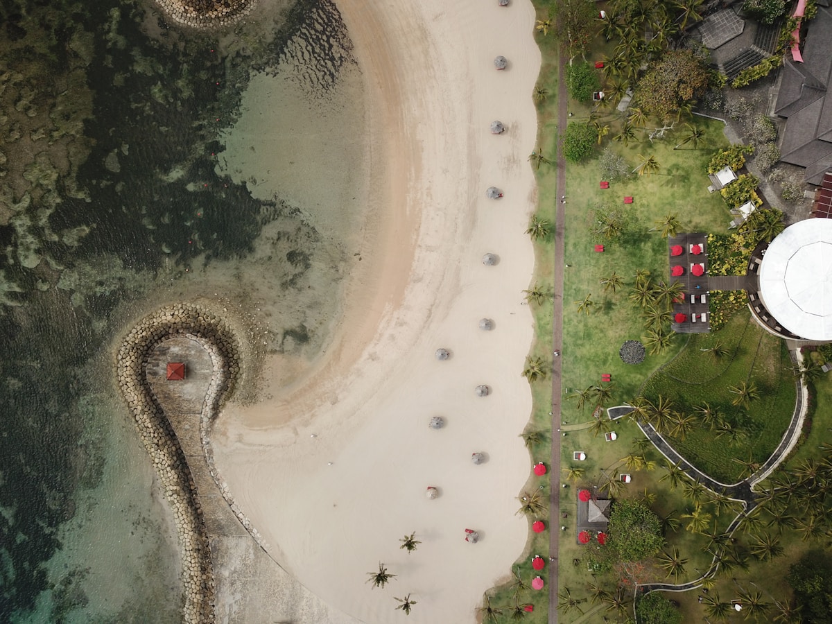 Aerial view of luxury beachfront resort, Jimbaran, Bali, Indonesia