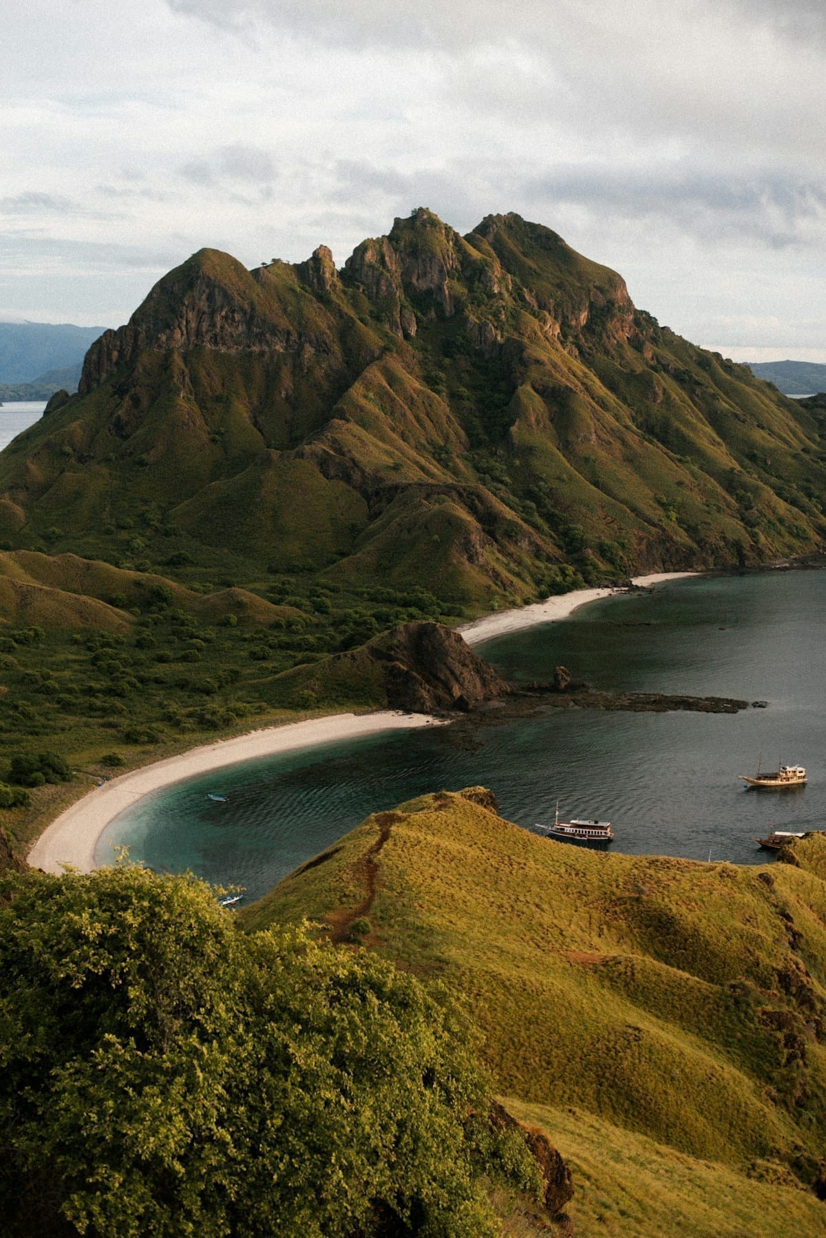 Aerial view of Padar Island with curved white beaches and turquoise bays, Komodo National Park, Indonesia