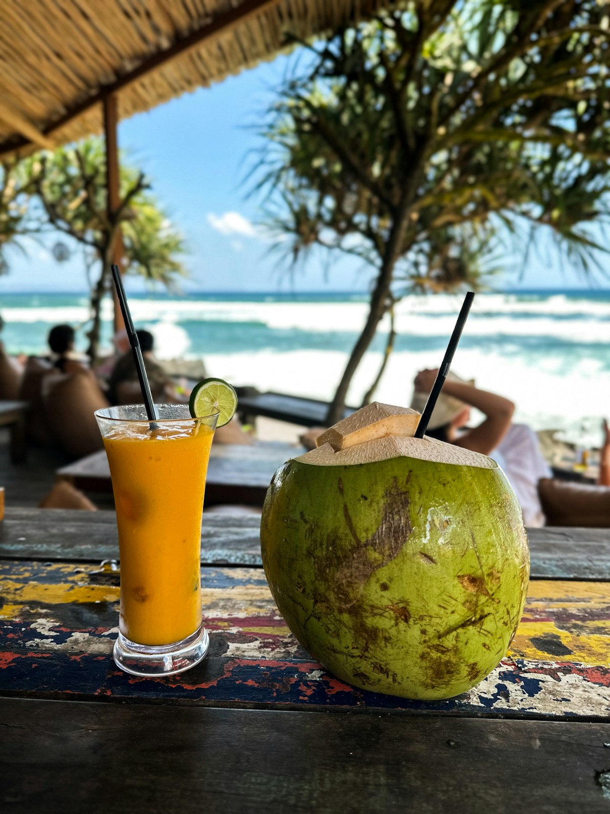 Fresh juice and coconut drink at a beachside cafe, Canggu, Bali, Indonesia