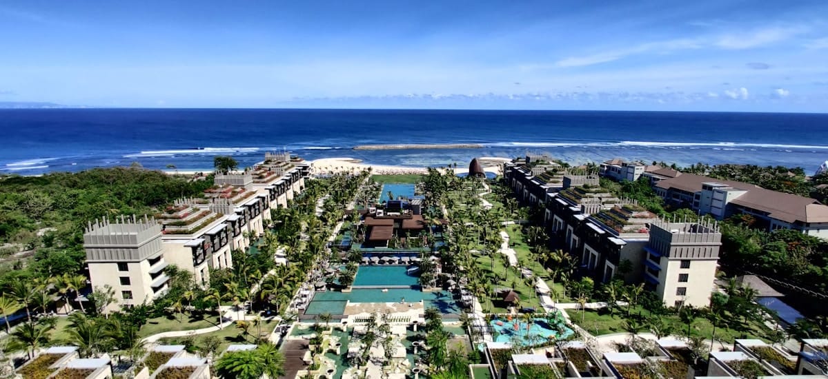 Aerial view of a beach resort by the ocean, Kuta, Bali, Indonesia