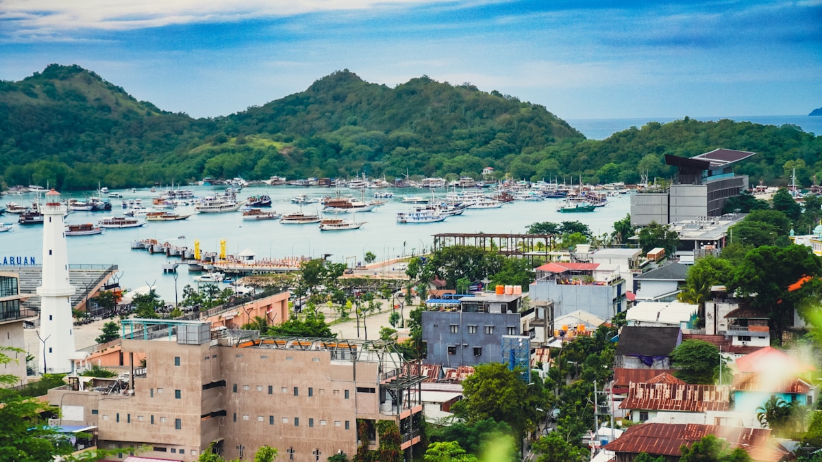 Boats docked in a bay with coastal town and hills, Makassar, Indonesia