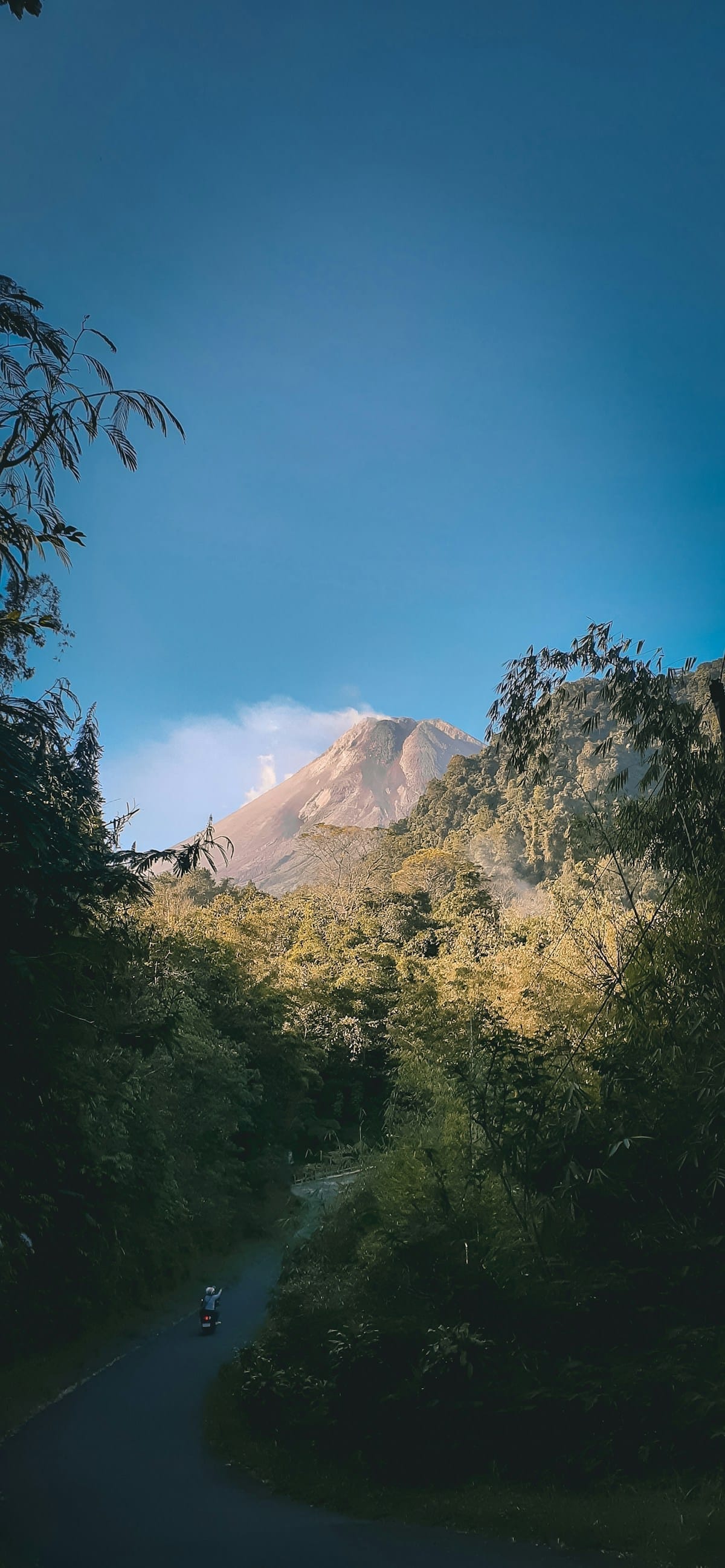 Mount Merapi volcano rising above tropical jungle with a winding road on its lower slopes, Yogyakarta, Indonesia