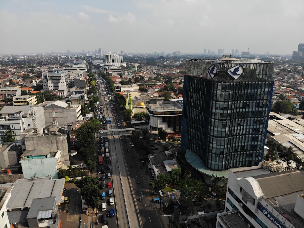 Aerial photography of road between buildings, Bali, Indonesia