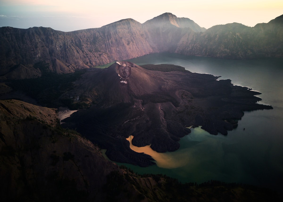 Aerial view of mountain range with lake, Lombok, Indonesia
