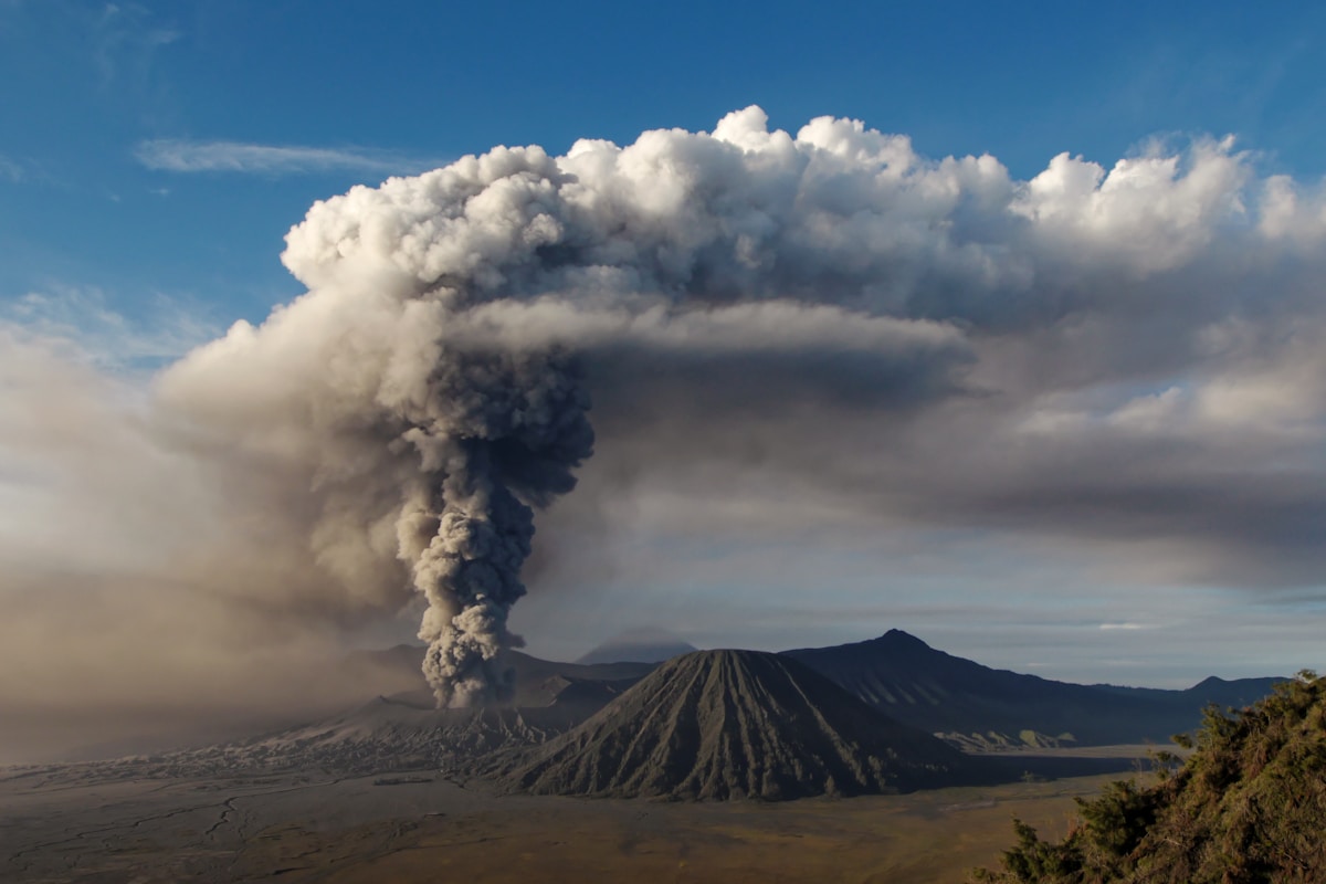 Volcanic smoke rising from Anak Krakatau in the Sunda Strait at dusk