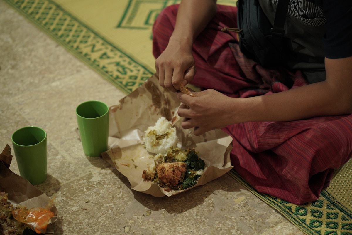 Nasi Padang spread with rendang and side dishes, West Sumatra, Indonesia