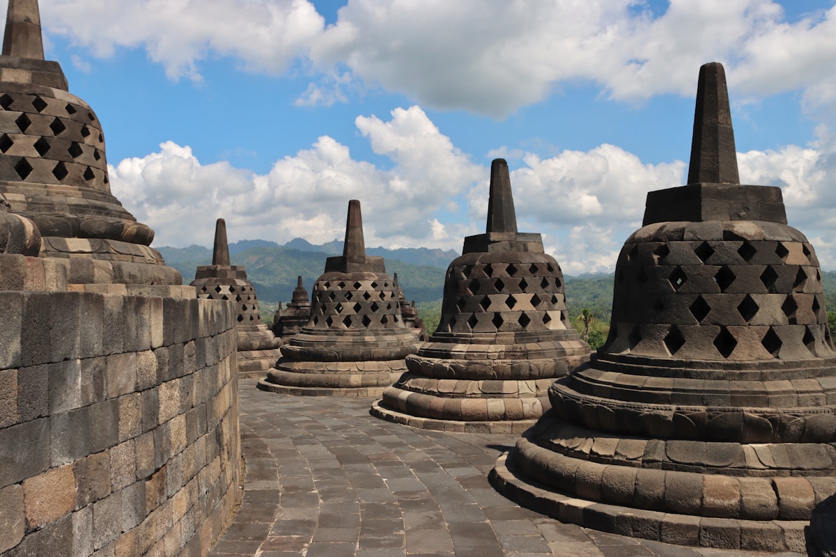 Stone stupa structures at Borobudur temple, Magelang, Central Java, Indonesia