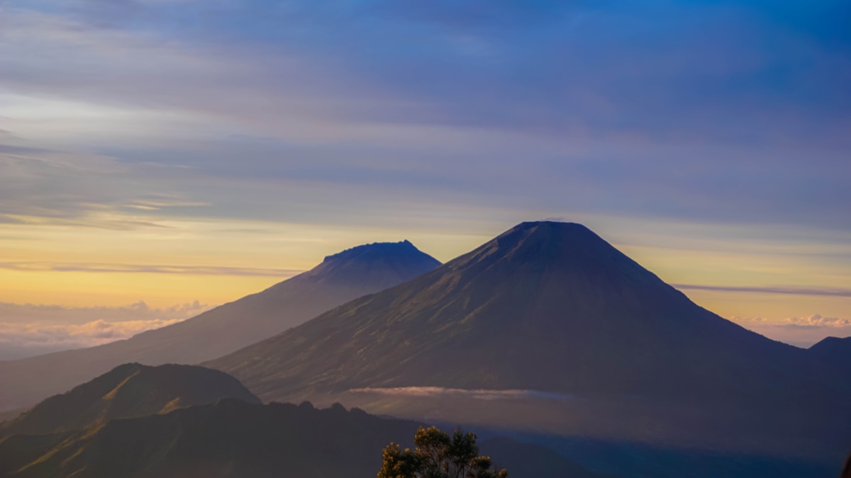 Two volcanic mountains at twilight, Central Java, Indonesia