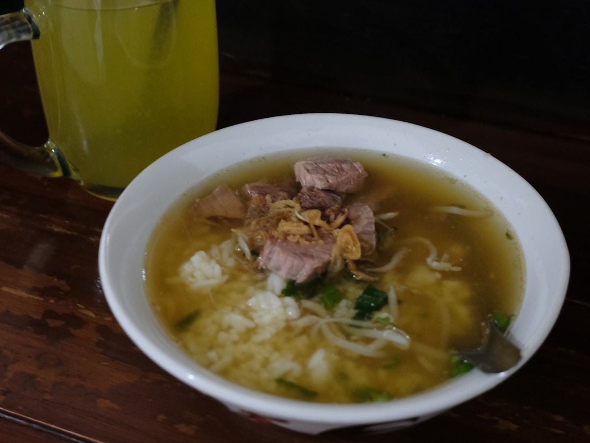 Bowl of noodles with meat and broth, Indonesia