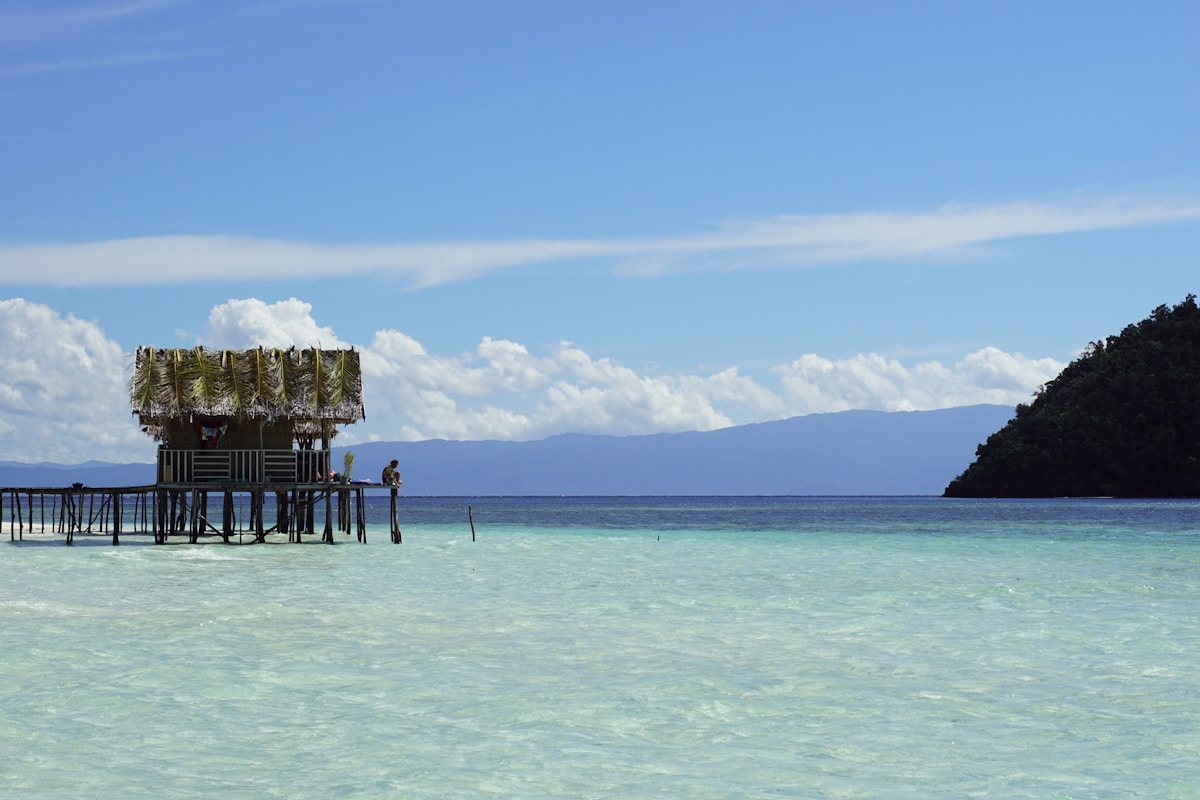Pier on the ocean with small island in background, Raja Ampat, Indonesia