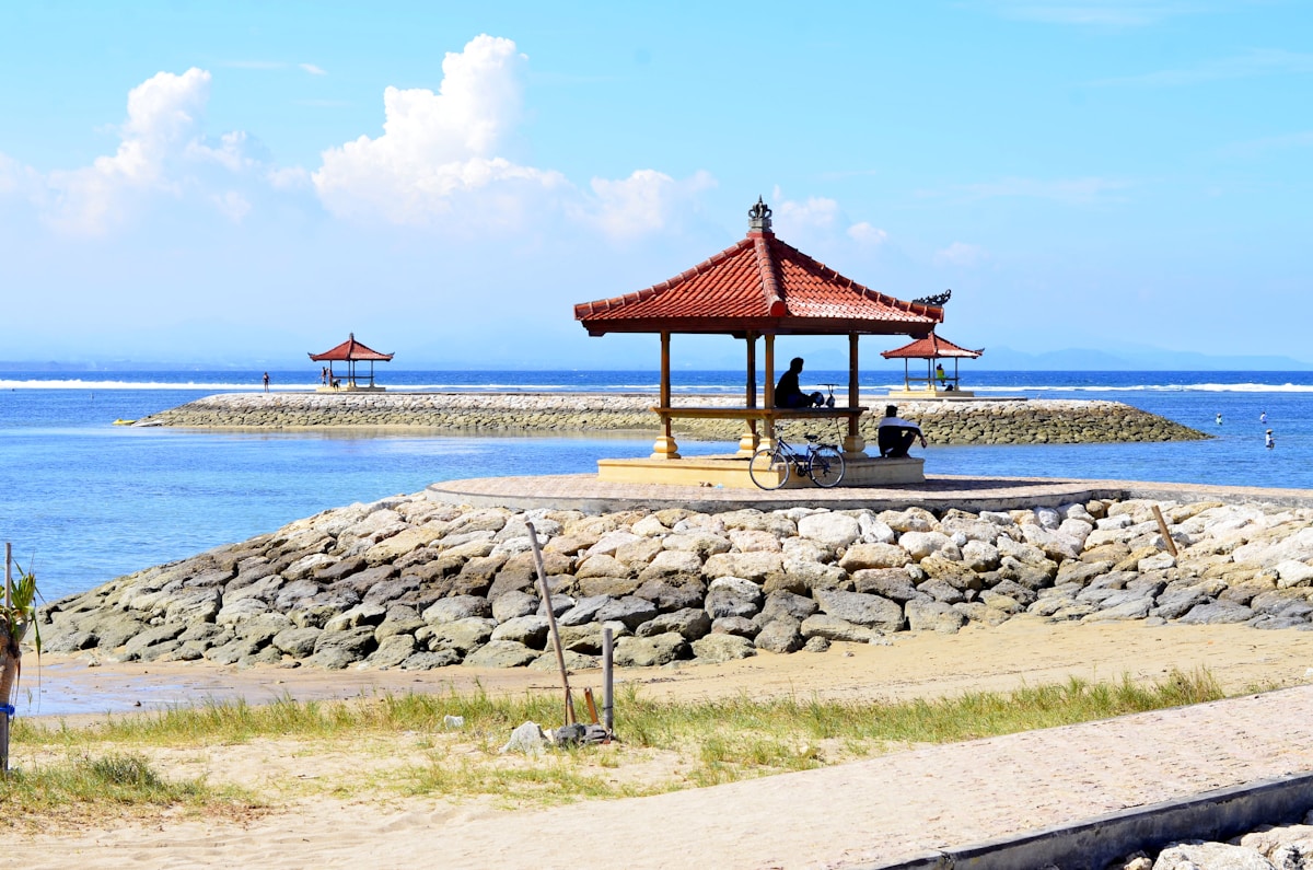 Wooden beach cottage on Sanur Beach shore, Bali, Indonesia