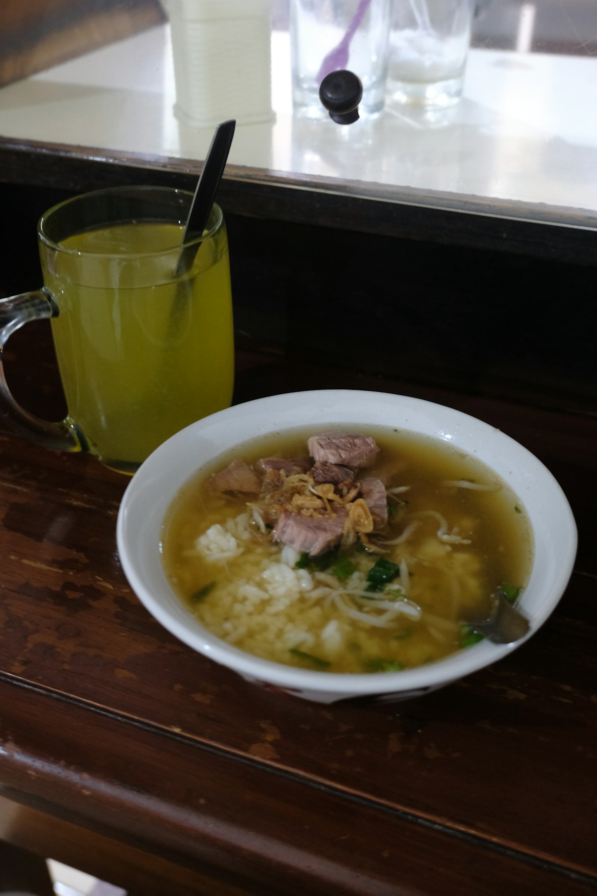 Bowl of soup with meat and noodles, Solo, Indonesia
