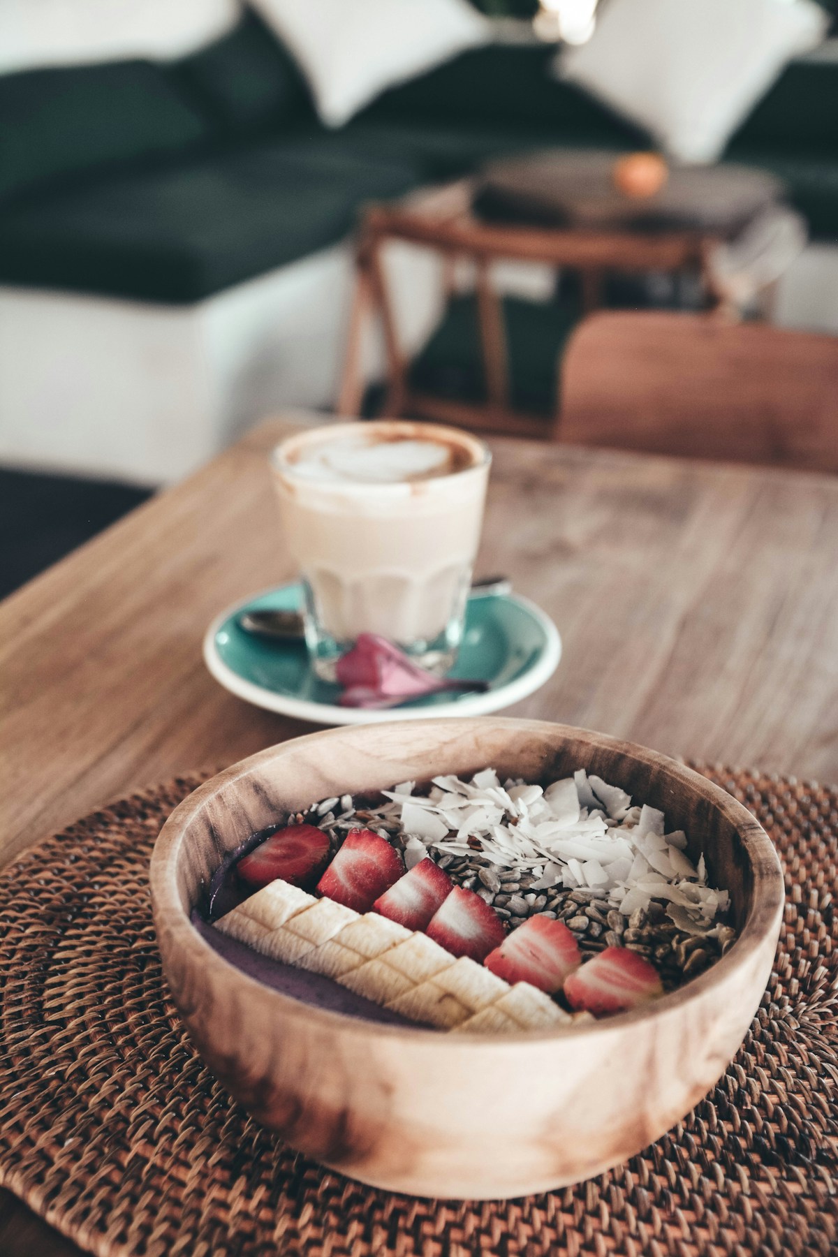 Breakfast plate with fruit and coffee at a cafe, Uluwatu, Bali, Indonesia