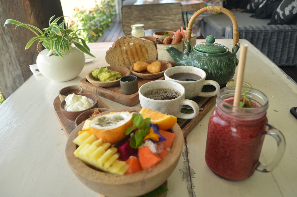 Healthy cafe food tray with coffee and fruit, Kerobokan, Bali, Indonesia