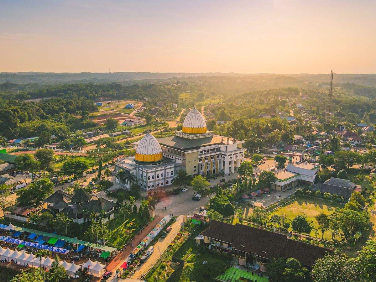 Aerial view of Balikpapan city with Islamic school complex, East Kalimantan, Indonesia