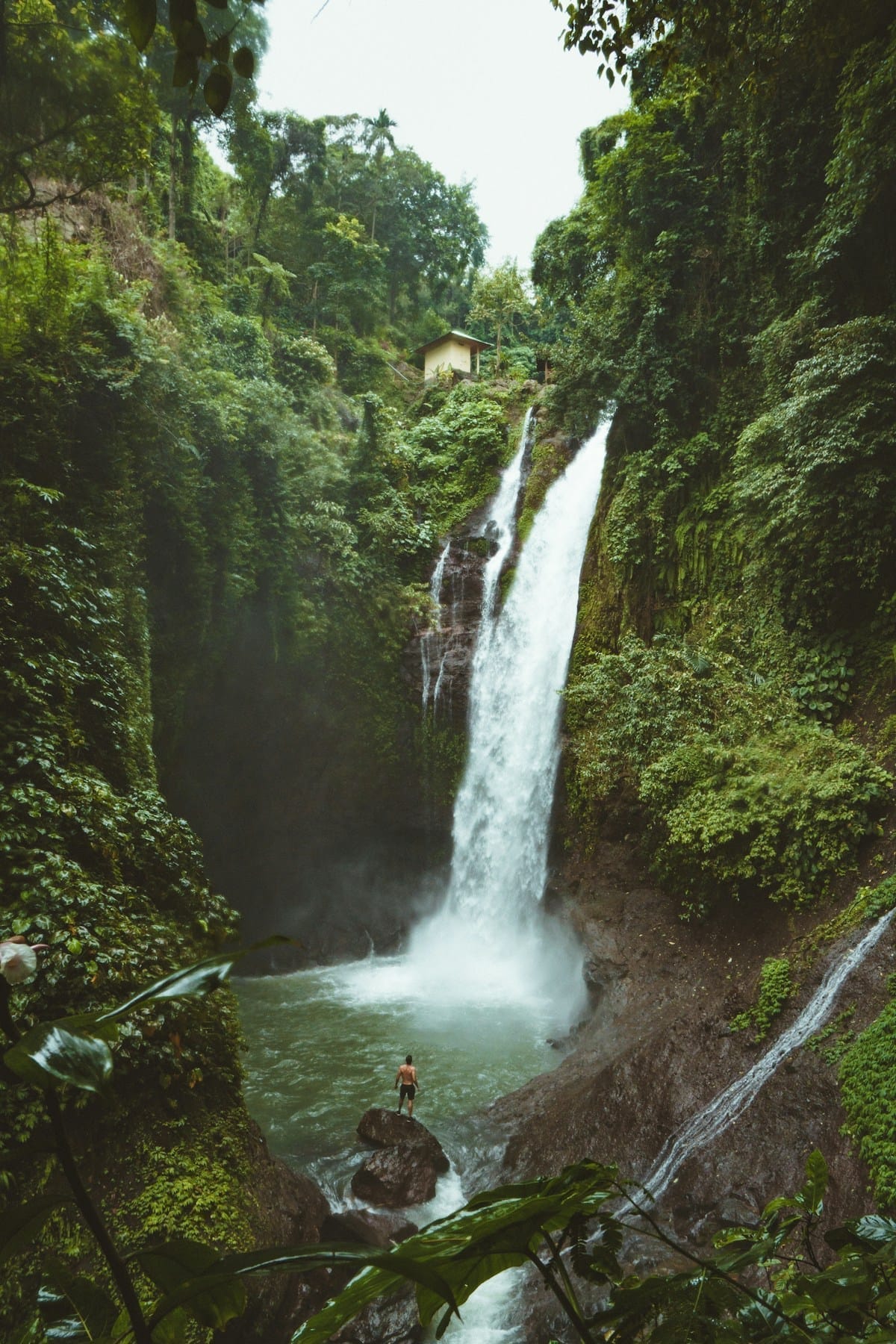 Man on rock beside a tall jungle waterfall, Aling-Aling Waterfall, North Bali, Indonesia