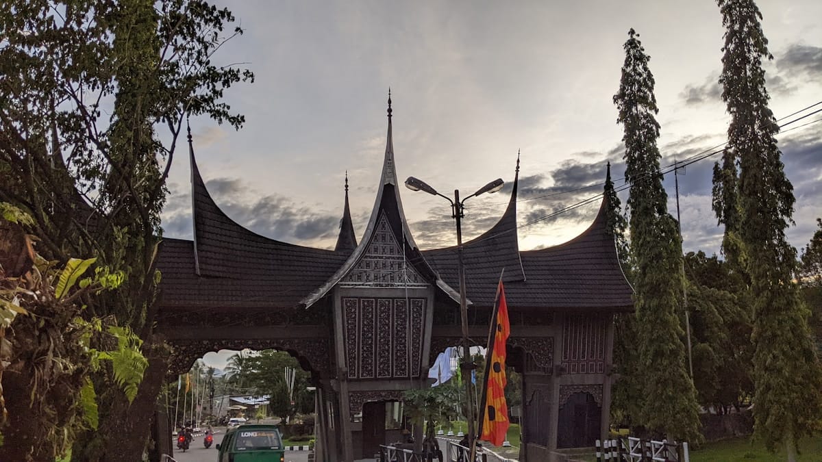 Traditional Minangkabau gateway with curved roof architecture, Padang, West Sumatra, Indonesia