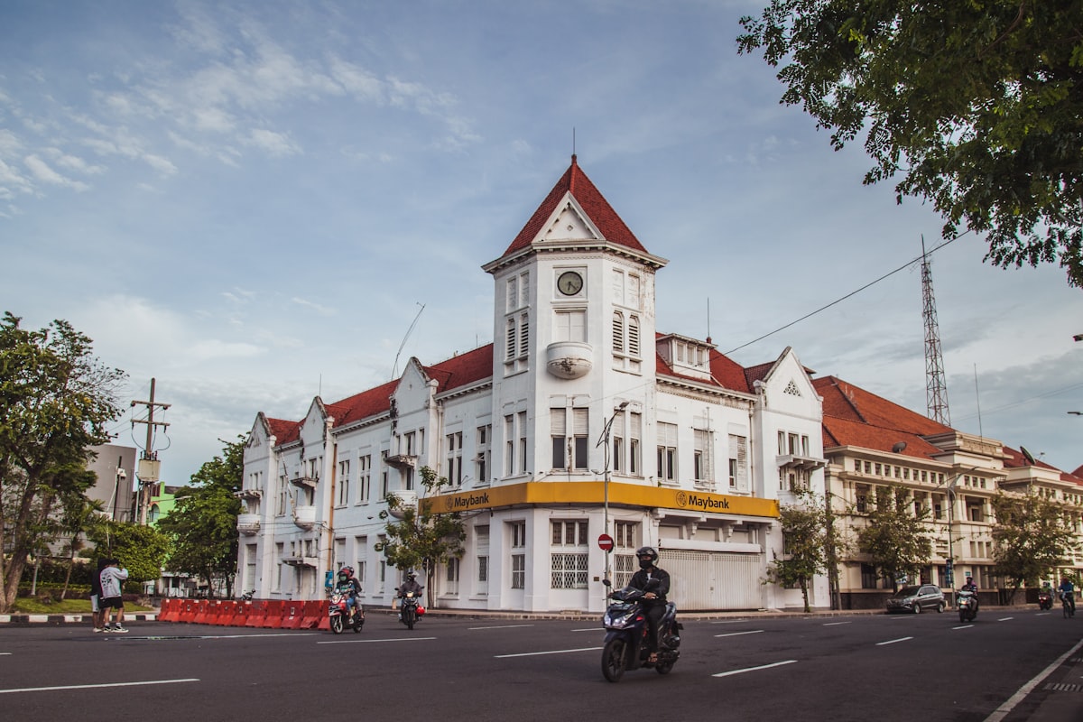 Surabaya city hotel with pool view at evening, East Java Indonesia